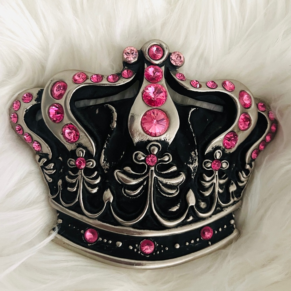 CHROME ANGELS King Queen Swarovski Clear Crystals Metal Crown Buckle HTF LARGE
